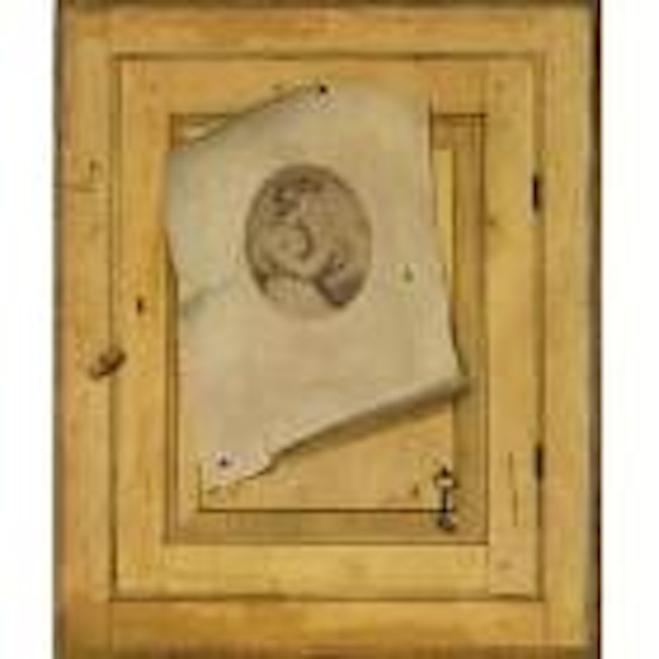 A Print of Charity Affixed to a Pine Cupboard Door by English School