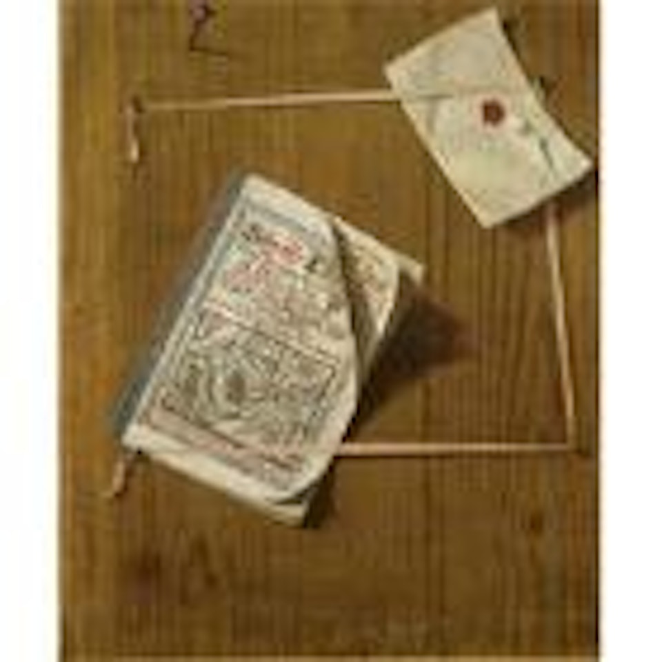 A German Book and a Letter, Affixed to a Pine Wall with a Red Ribbon by German School