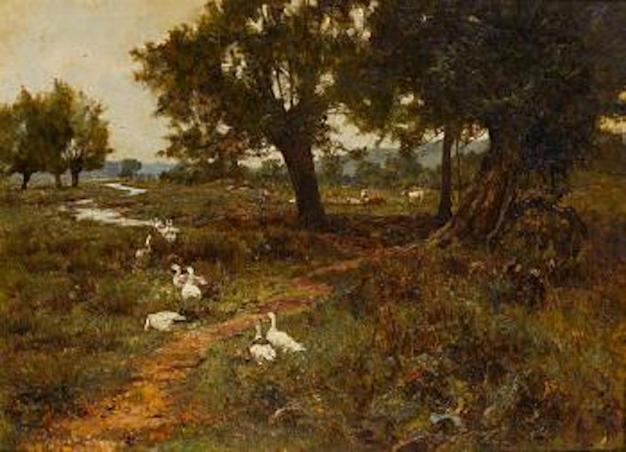 Cattle and geese in a river landscape by Edward Wilkins Waite