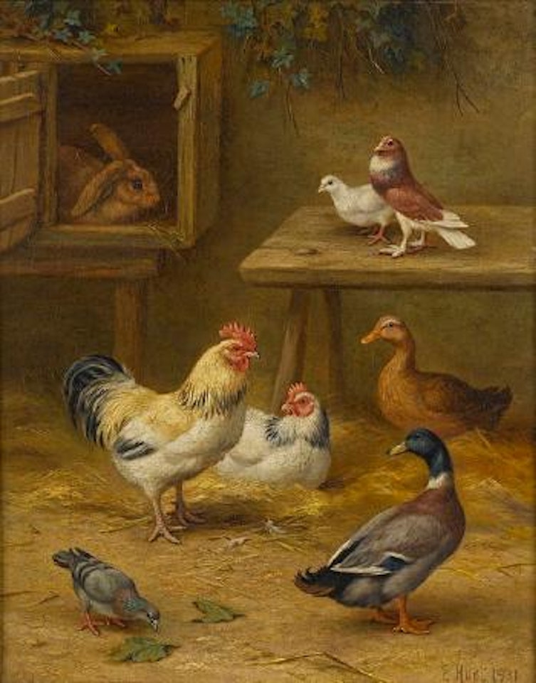 Chickens, ducks, pigeons and a rabbit in a farmyard by Edgar Hunt