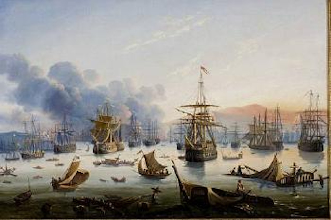 View of the battle of Navarino as seen from the Turkish and Egyptian base at Sfaktiria, Pylos bay. View of the destroyed Ottoman and Egyptian fleet right after the naval battle of Navarino by French School