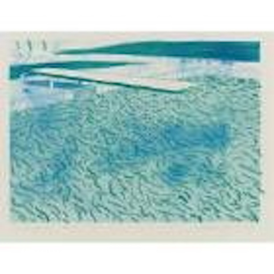 Lithograph of water made of lines, a green wash, and a light blue wash (T. 248:DH35) by David Hockney