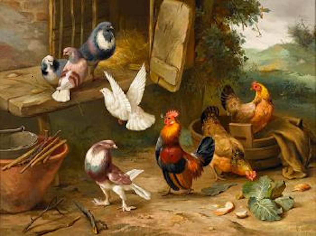 Chickens, a dove and pigeons in a farmyard by Edgar Hunt