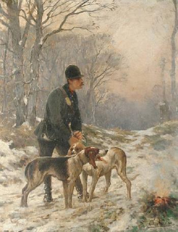 A huntsman with hounds in a winter landscape by Olivier de Penne