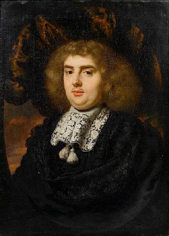 Portrait of a gentleman, bust-length, in black costume with a white lace collar, in painted oval by Nicolaes Maes