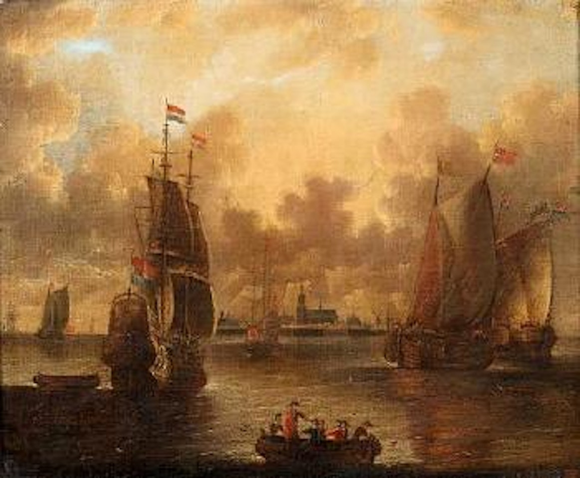 Dutch shipping at anchor off  a coastal town by Pieter van de Velde