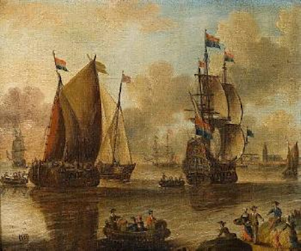 Shipping at anchor off a harbour town, figures on the shore in the foreground by Pieter van de Velde