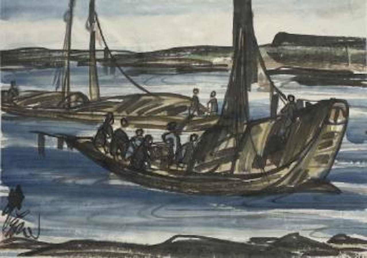 Fishermen on boat by Lin Fengmian