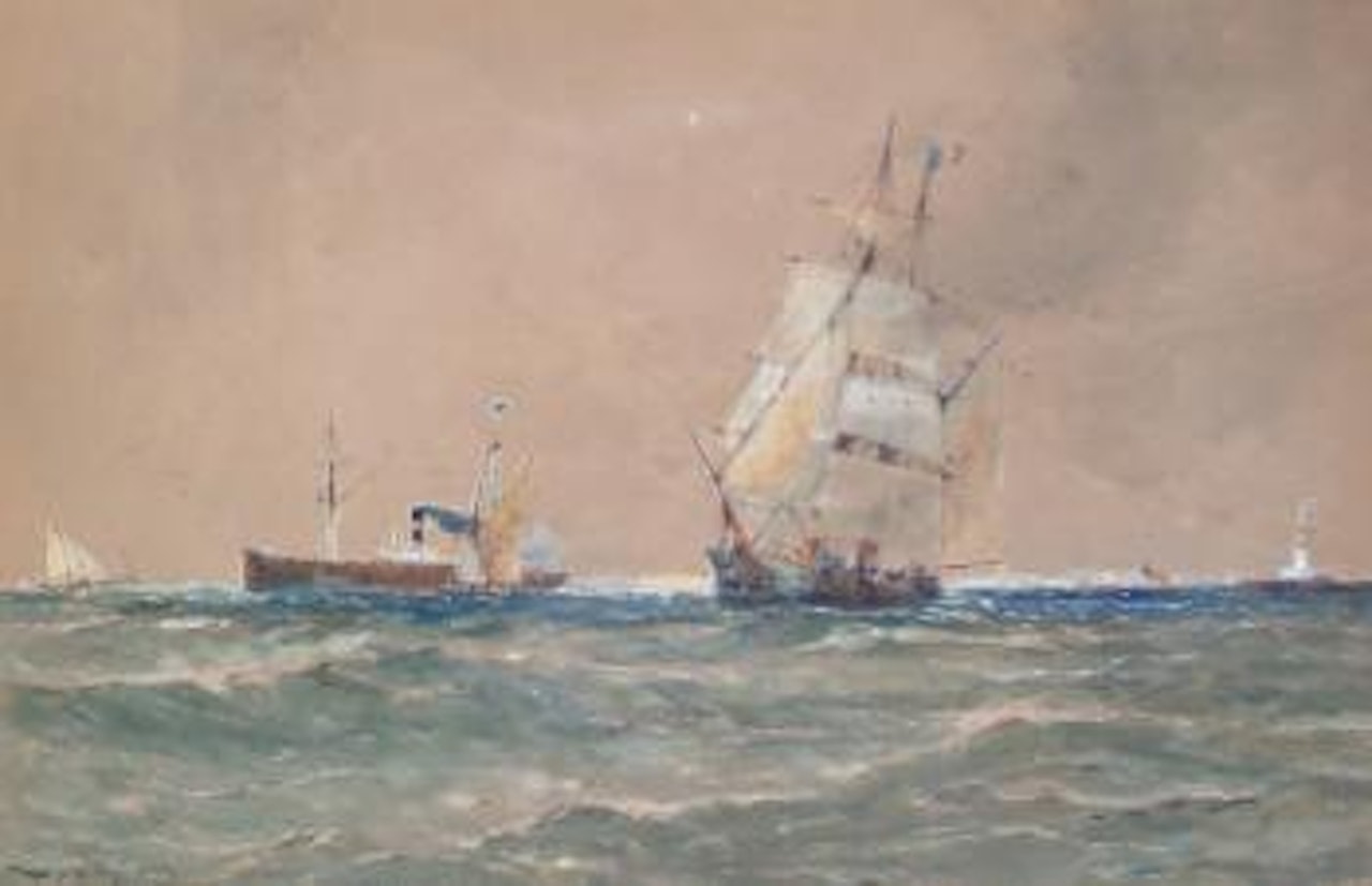 A steam boat and sailing ships leaving port by Thomas Bush Hardy