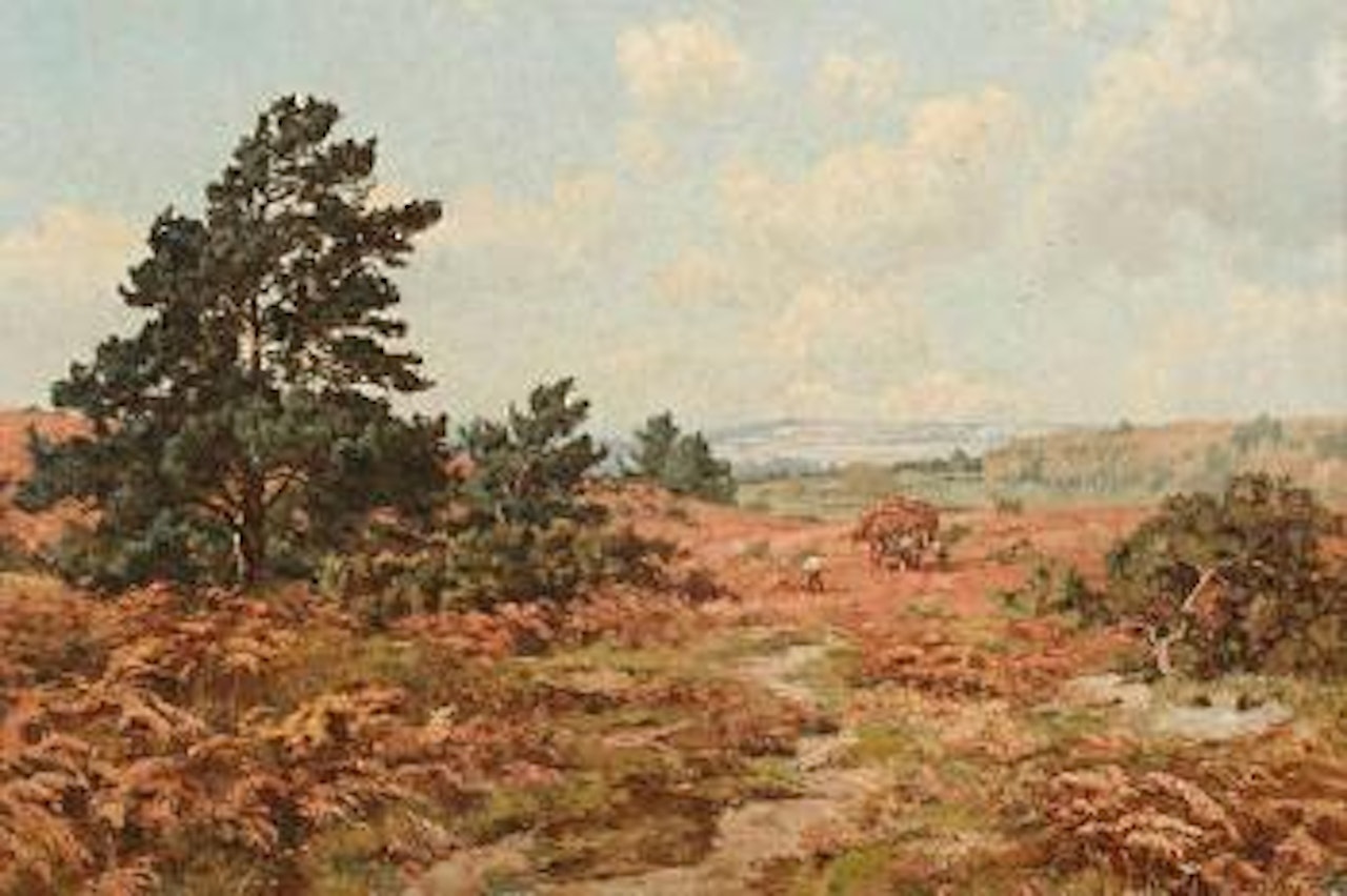 Heathland landscape with men cutting bracken and horse and cart by Edward Wilkins Waite
