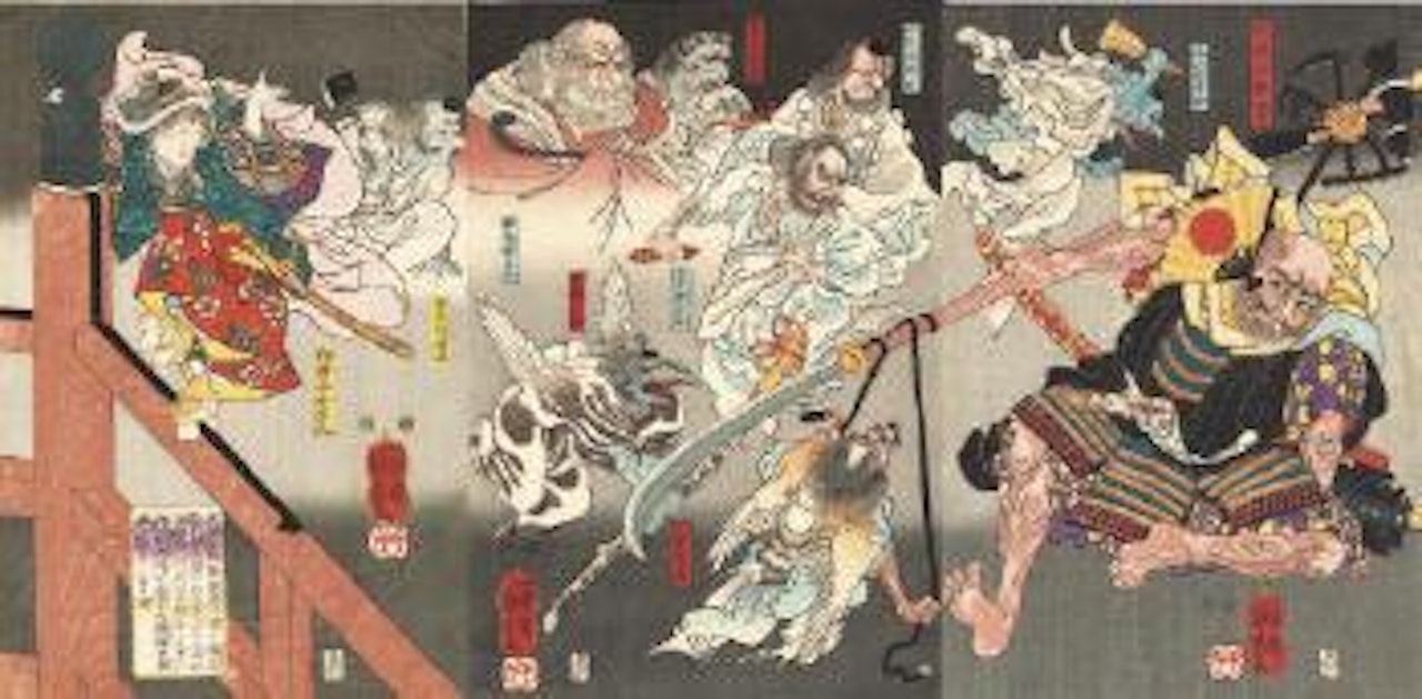Heike no kyoshaku akugaku, the embarrassment of Benkei as the tengu come to the aid of Ushiwakamaru (Yoshitsune) on the Gojo bridge by Utagawa Kuniyoshi