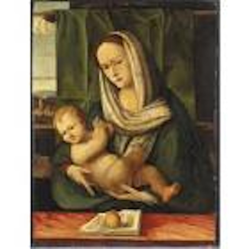 Madonna col Bambino davanti a una tenda verde, una citta sullo sfonda by Venetian School