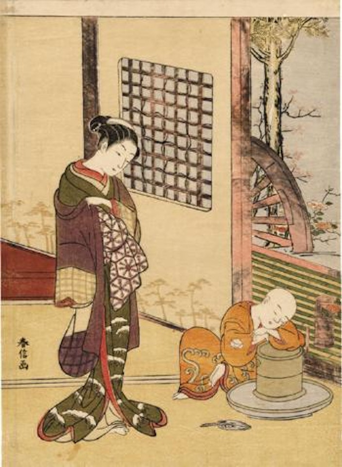 A young girl looks down fondly on a chabozu [tea-boy] who has dropped his brush and nodded off while leaning on his tea-mill by Suzuki Harunobu