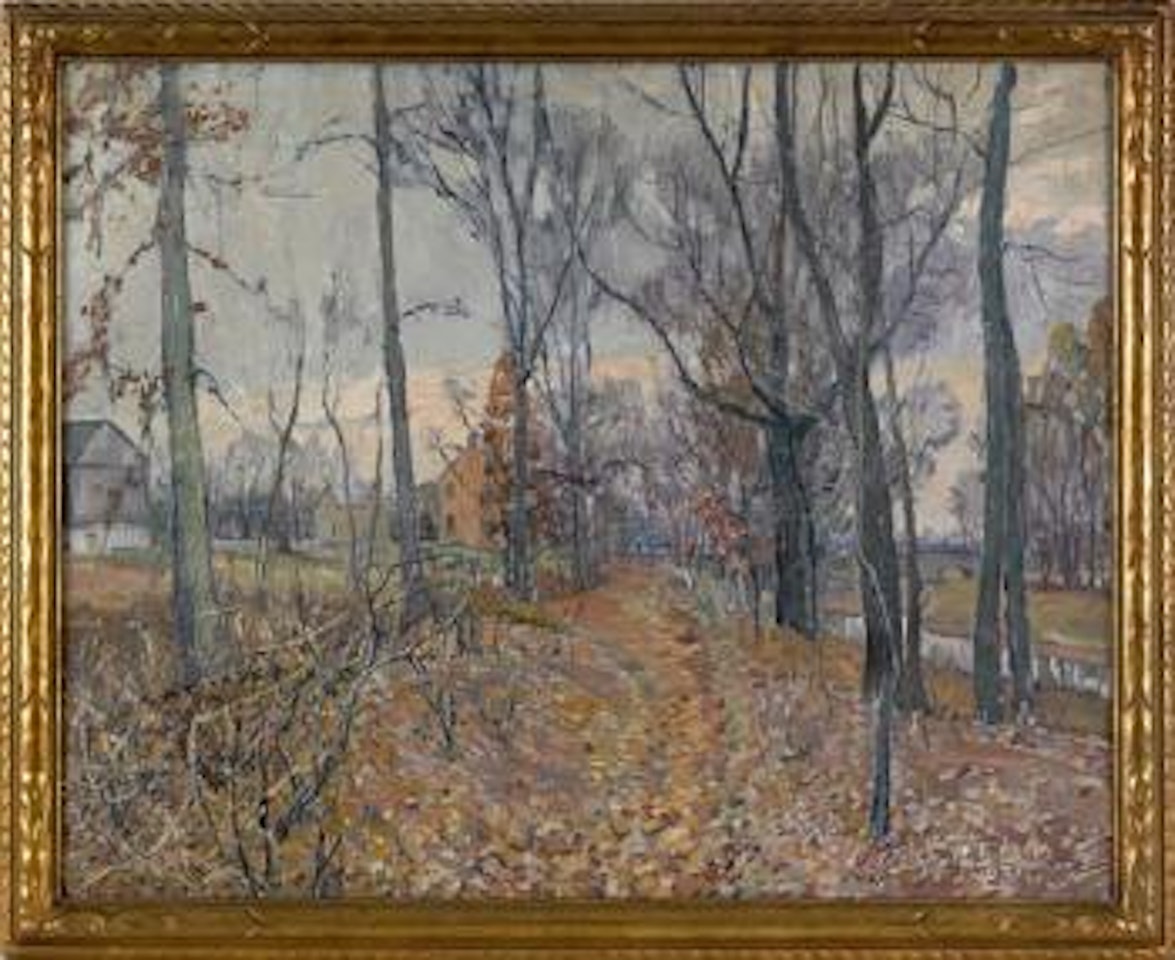 Autumn scene with wooded path and farm houses. Winter landscape by Walter Emerson Baum