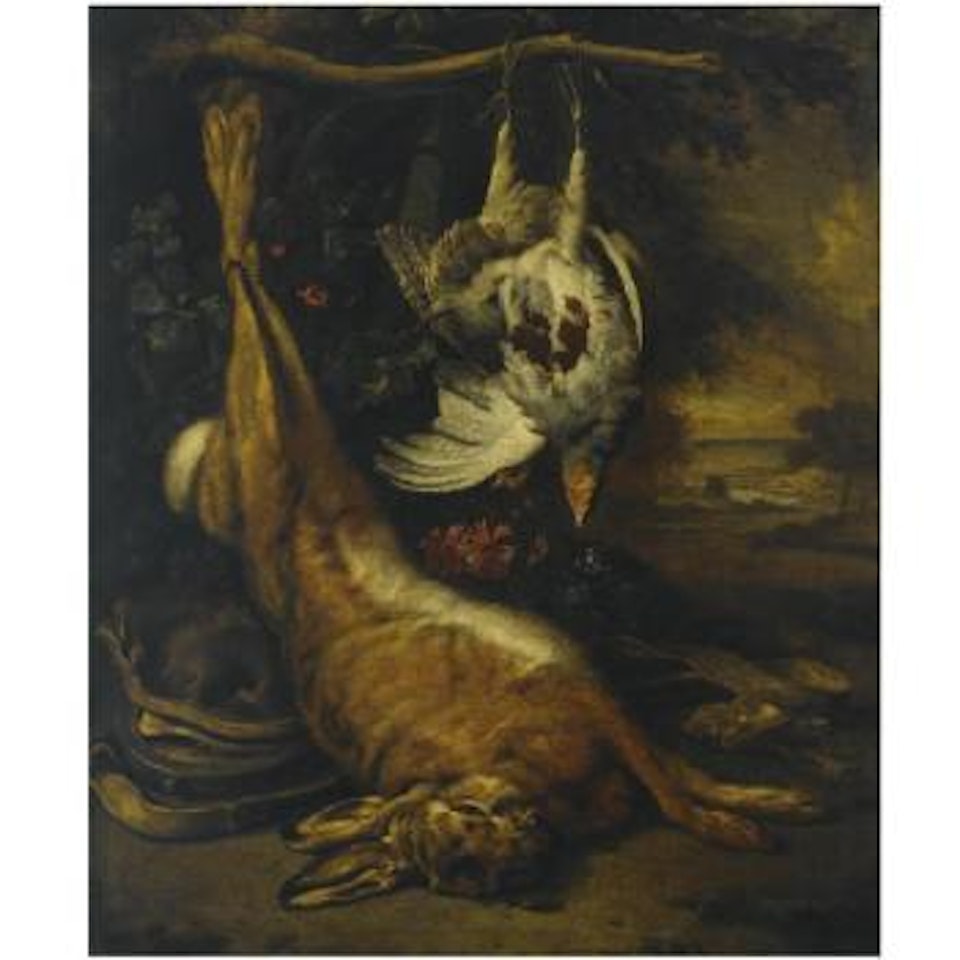 A hunting still life with a hare, two partridges and a huntingbelt, in a landscape setting by Jan Weenix