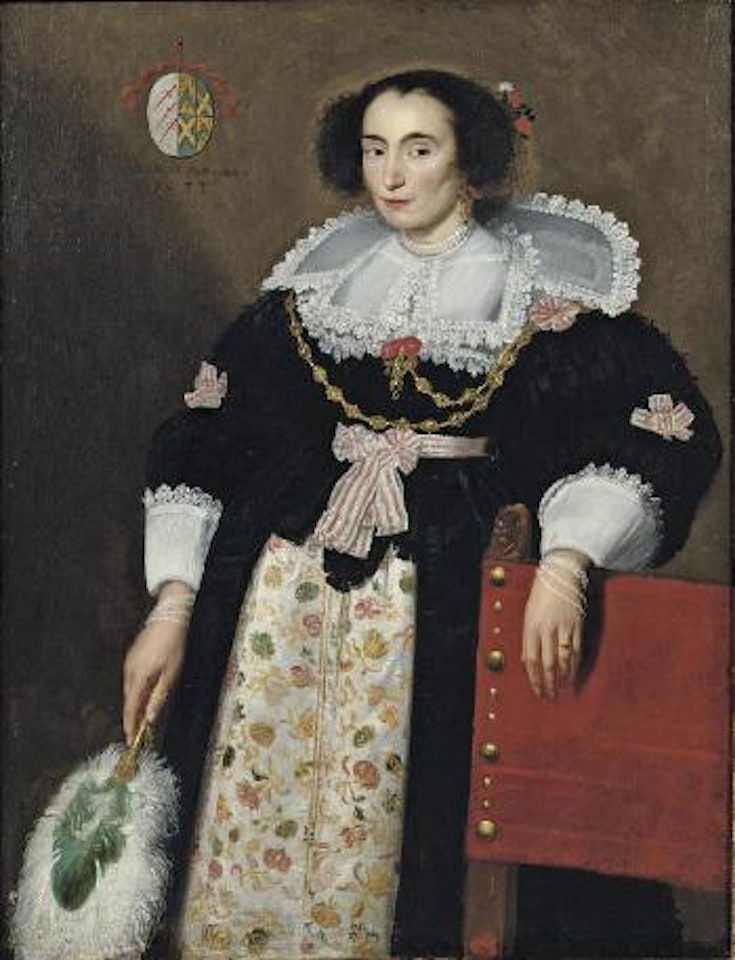 Portrait of Anna van den Bogaerde (1606/07-1641), three-quarter-length, in a dark costume with embroidered flowers and elaborate lace collar and cuffs, standing by a chair by Flemish School