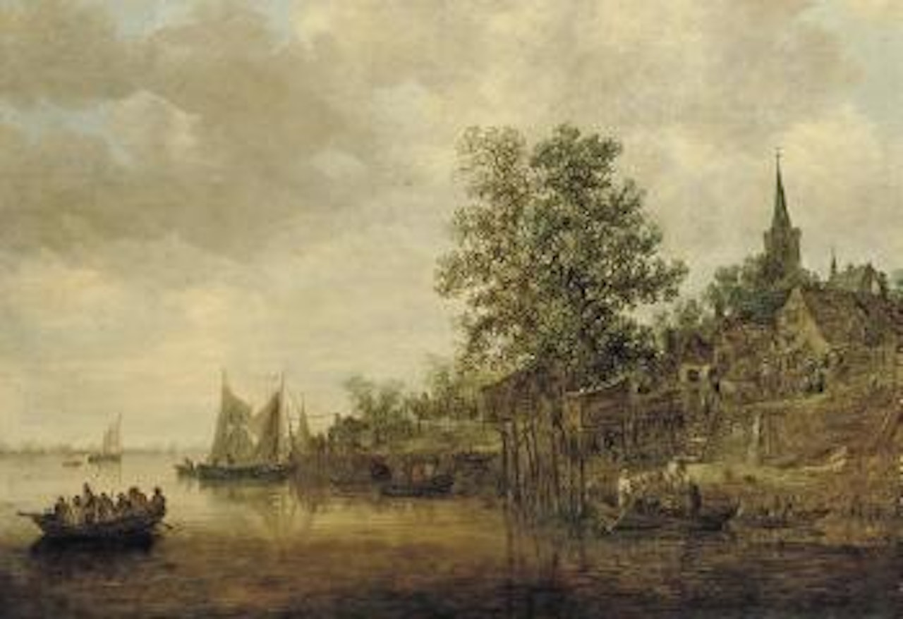 A wooded landscape with shipping on a river, a village nearby by Jan van Goyen