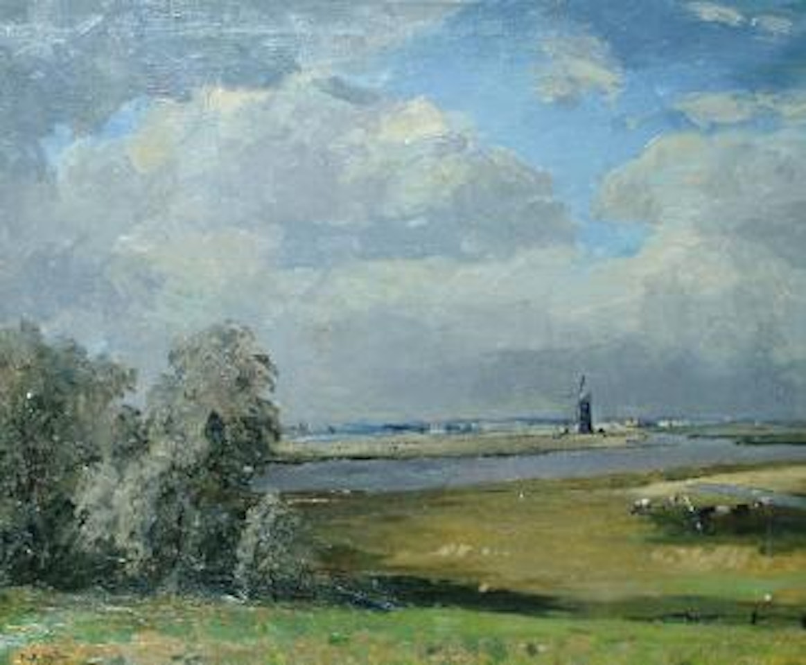 A Norfolk landscape, with windmills by Campbell Mellon