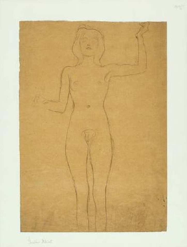 Standing full-length female nude with one arm raised by Gustav Klimt