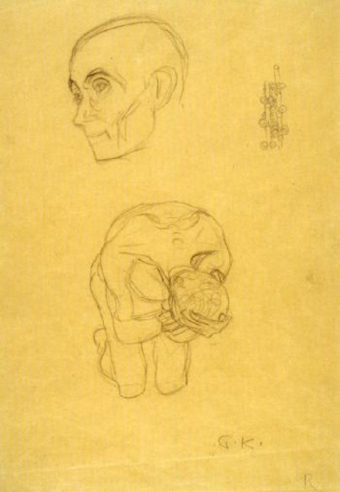 Head study, nude male figure kneeling, and ornamental design by Gustav Klimt