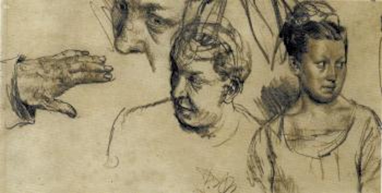 Studienblatt mit Figuren und Kopfstudien sowie einer Handstudie by Adolph Menzel