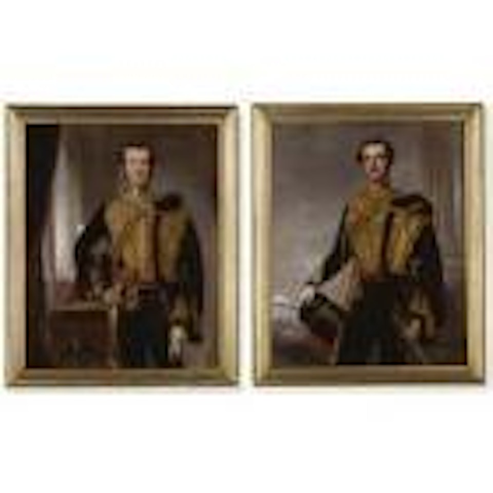 Portrait of Charles Freville Surtees, standing by an open window.  Portrait of a Gentleman, standing in a landscape by English School