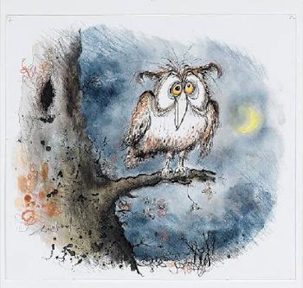 Cretinous owl utterly convinced that Italianate is revered as a symbol of wisdom by Ronald Searle