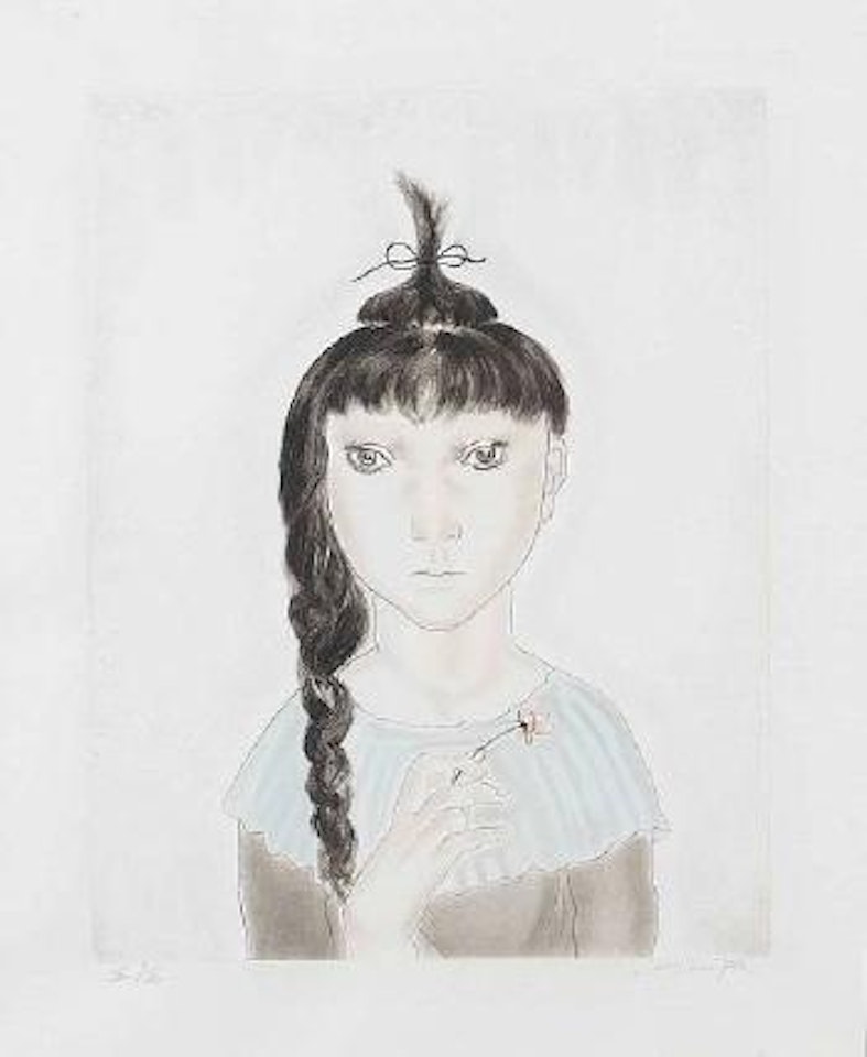Little girl holding a pink flower by Leonard Tsuguharu Foujita