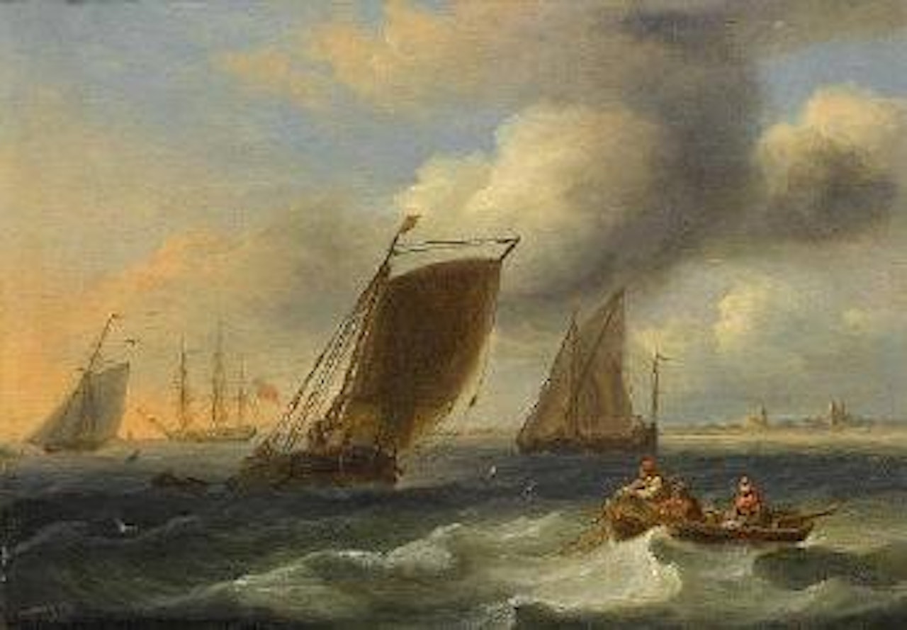Small coastal traders off Orford, Suffolk, with a man-o'war anchored off the spit by Thomas Luny
