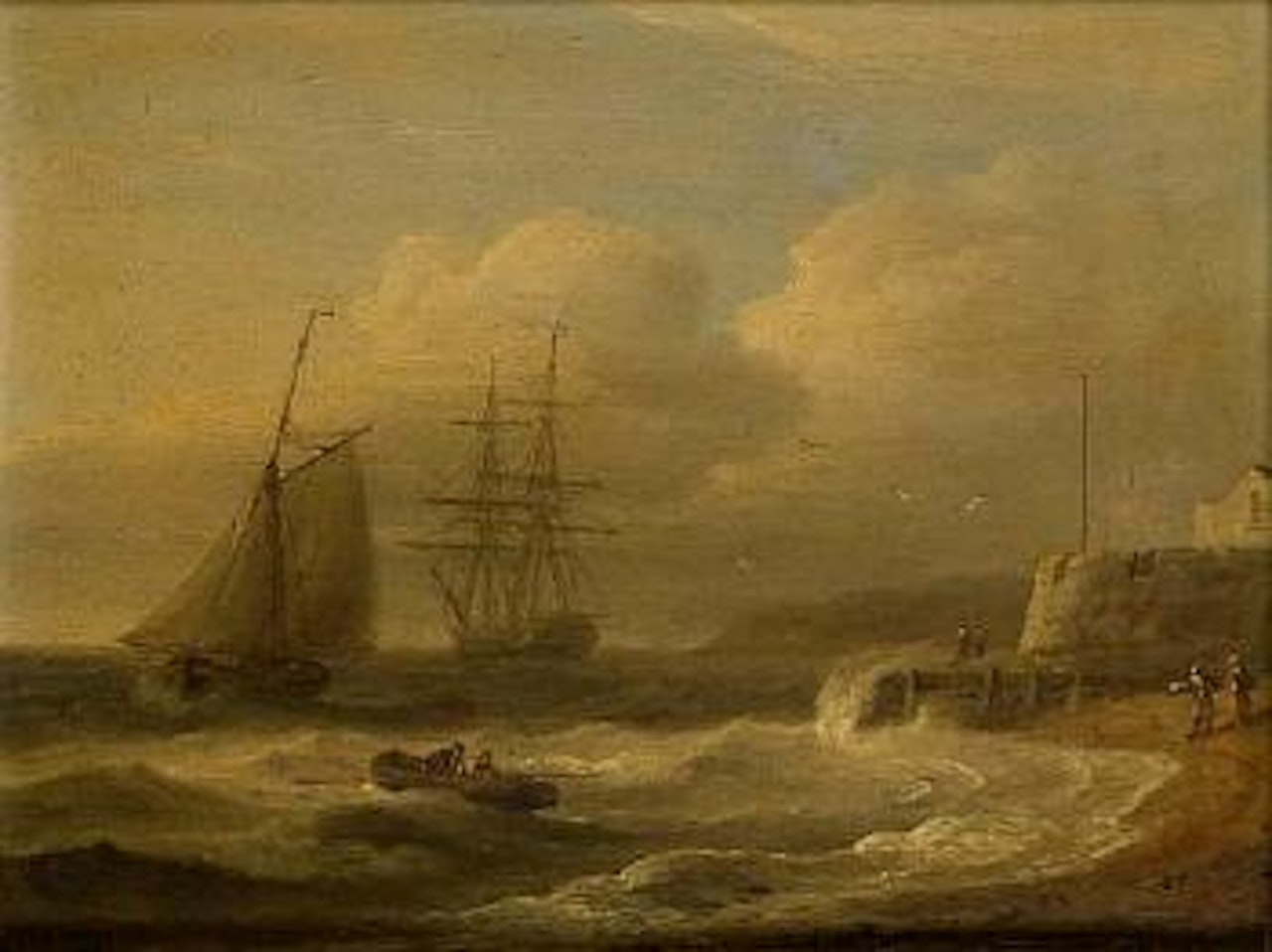 A cutter running past Cowes Castle, Isle of Wight, with an anchored brig off the mouth of the Medina river by Thomas Luny