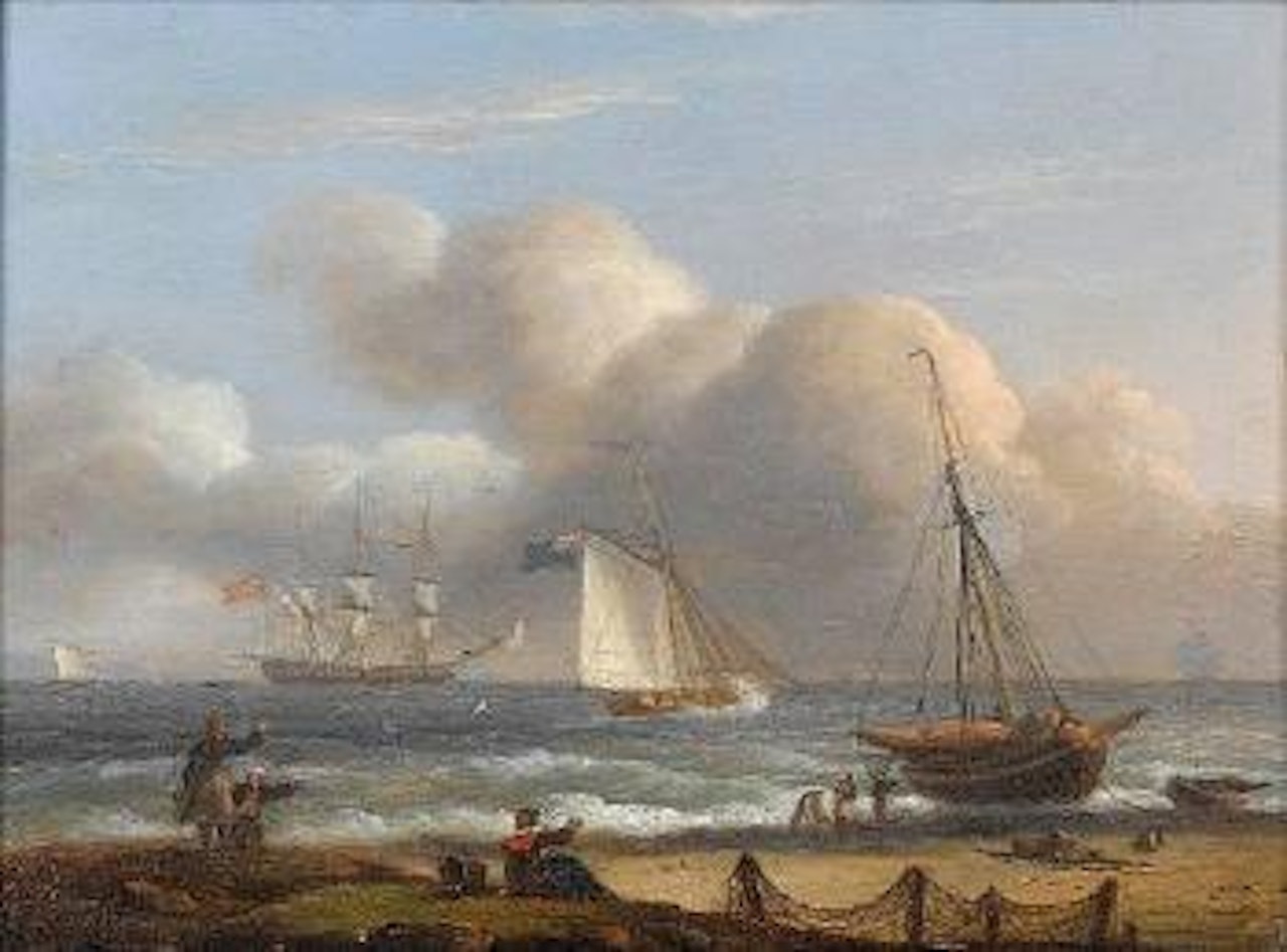 An armed cutter caught in the surf off a beach, with an anchored frigate firing a salute offshore by Thomas Luny