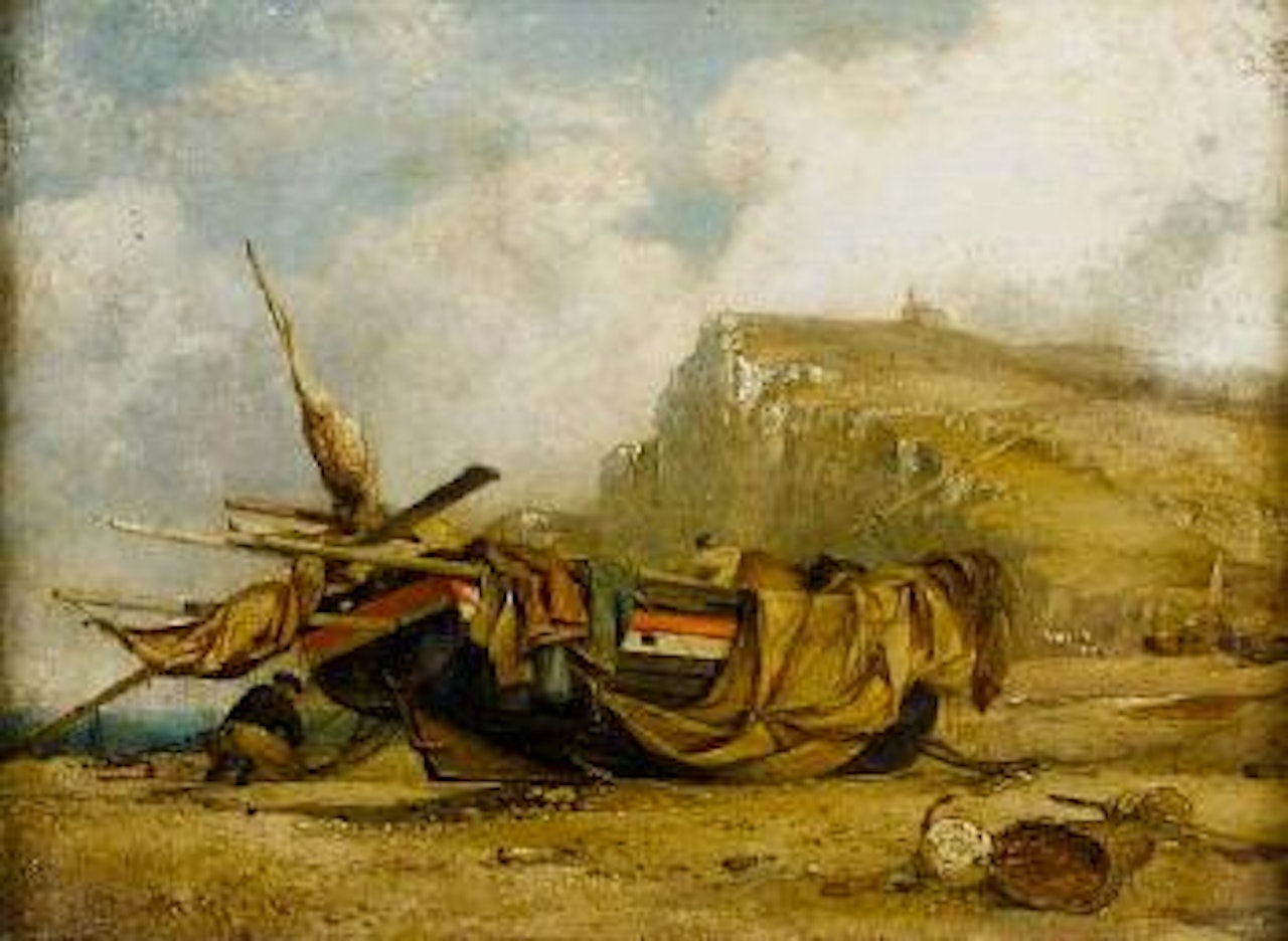 A Hastings lugger with fishermen repairing nets by Edward William Cooke