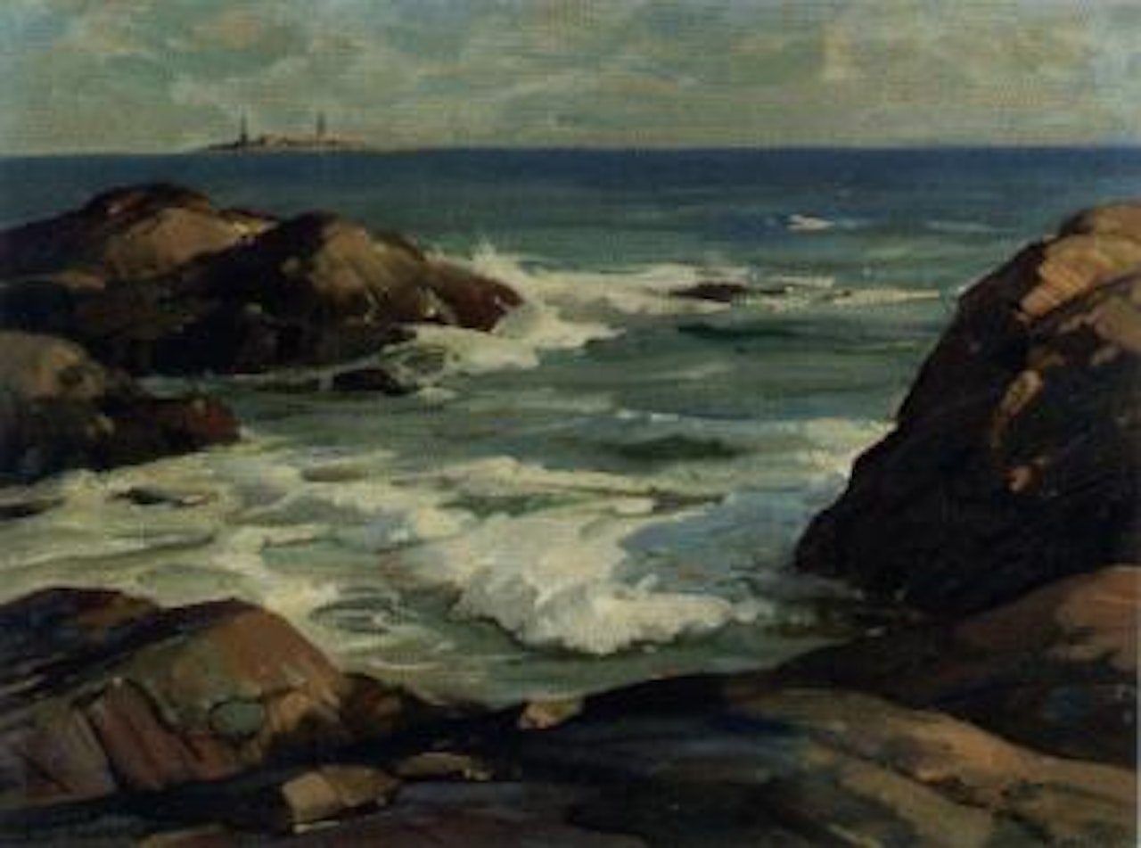 Rocky Shore, Cape Ann/ A View of Twin Lights, Thacher Island, Rockport by Aldro Thompson Hibbard
