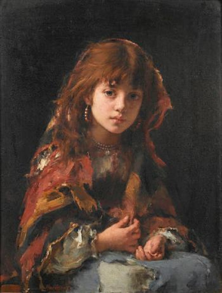 Portrait of a young girl in a shawl by Alexei Harlamoff