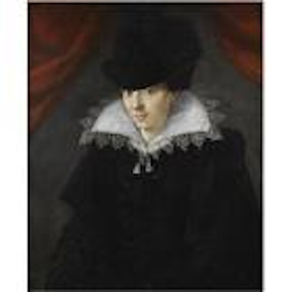 Portrait of a lady, half-length, wearing a black costume with a white ruff and a black hat by French School