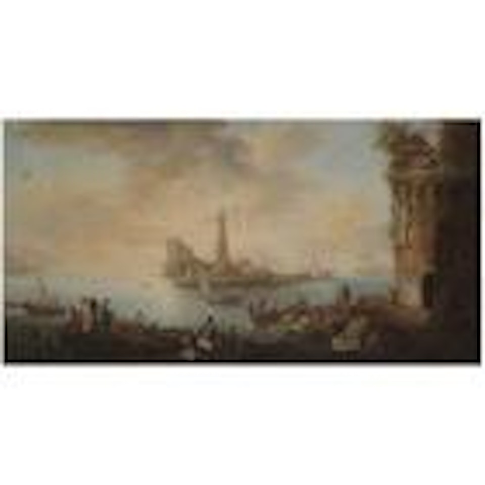 A Mediterranean harbour scene with figures unloading freight from boats and tradesmen in the foreground, a lighthouse beyond by Claude Joseph Vernet