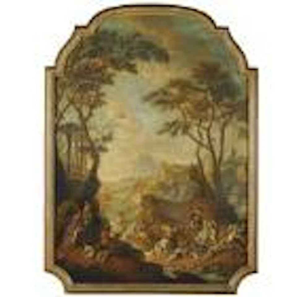 A wooded river landscape with a hunting party in the foreground by Giovanni Battista Cimaroli