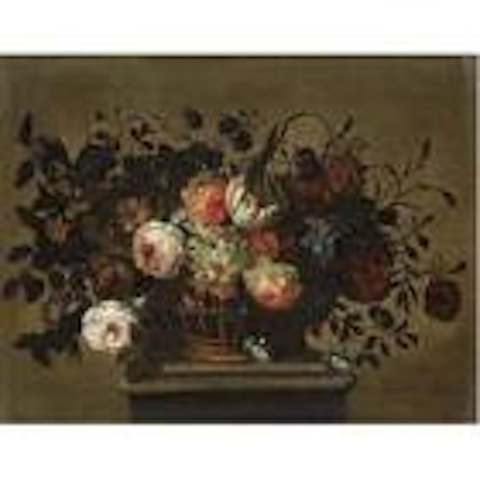 A flower still life with a tulip, roses, daffodils and carnations in a basket on a ledge by Pieter Hardime