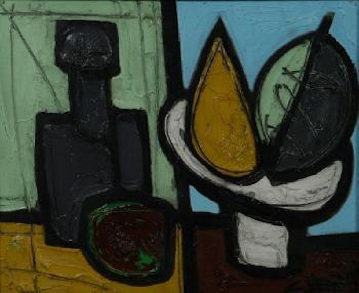 Still Life with Fruit, Leaf and a Bottle by Claude Venard