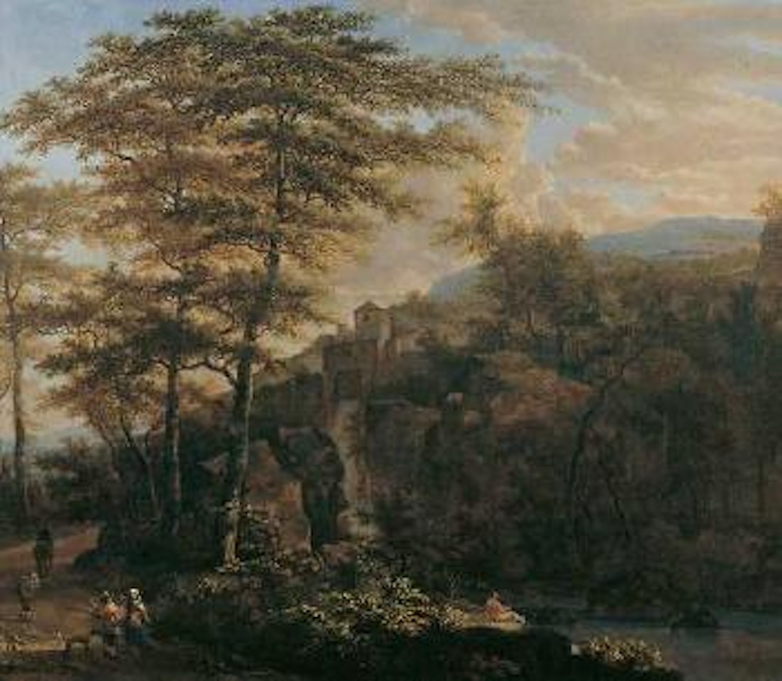 Bewaldete Gebirgslandschaft mit einem Watterfall und Wanderern by Jan Both