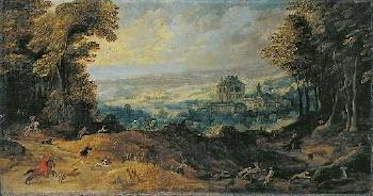 Gebirgslandschaft mit Jägern vor Schloss Mariemont by Joos de Momper the Younger