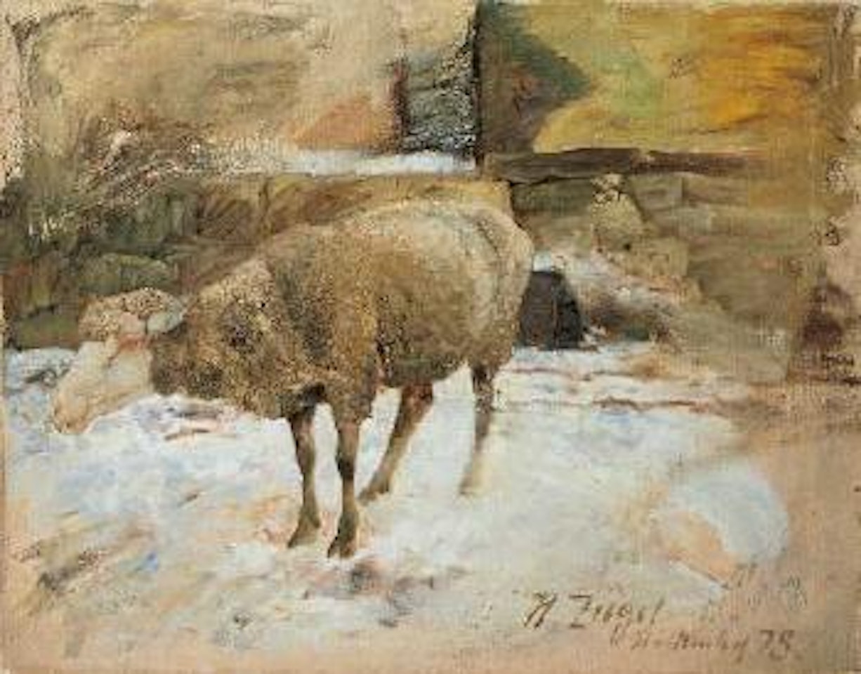 Schafbock im Schnee stehend by Heinrich von Zugel