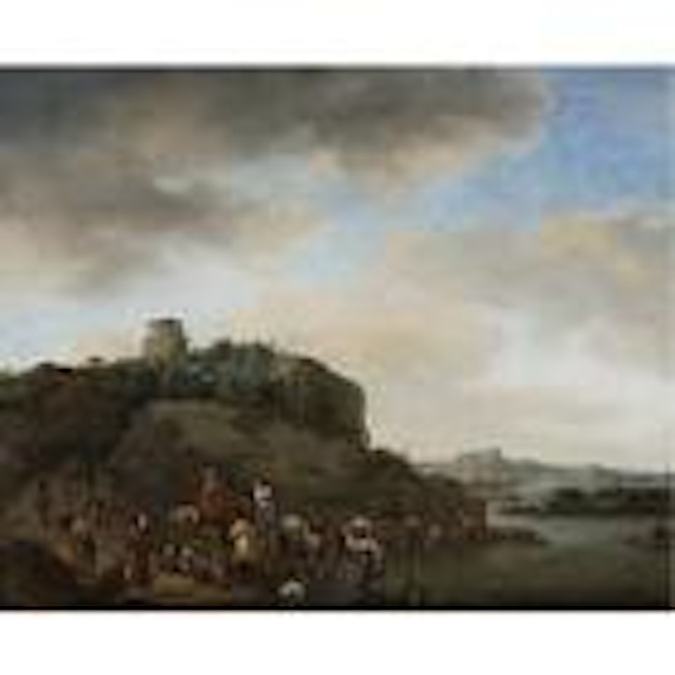 Landscape with a hawking party stopped by a river by Philips Wouwerman