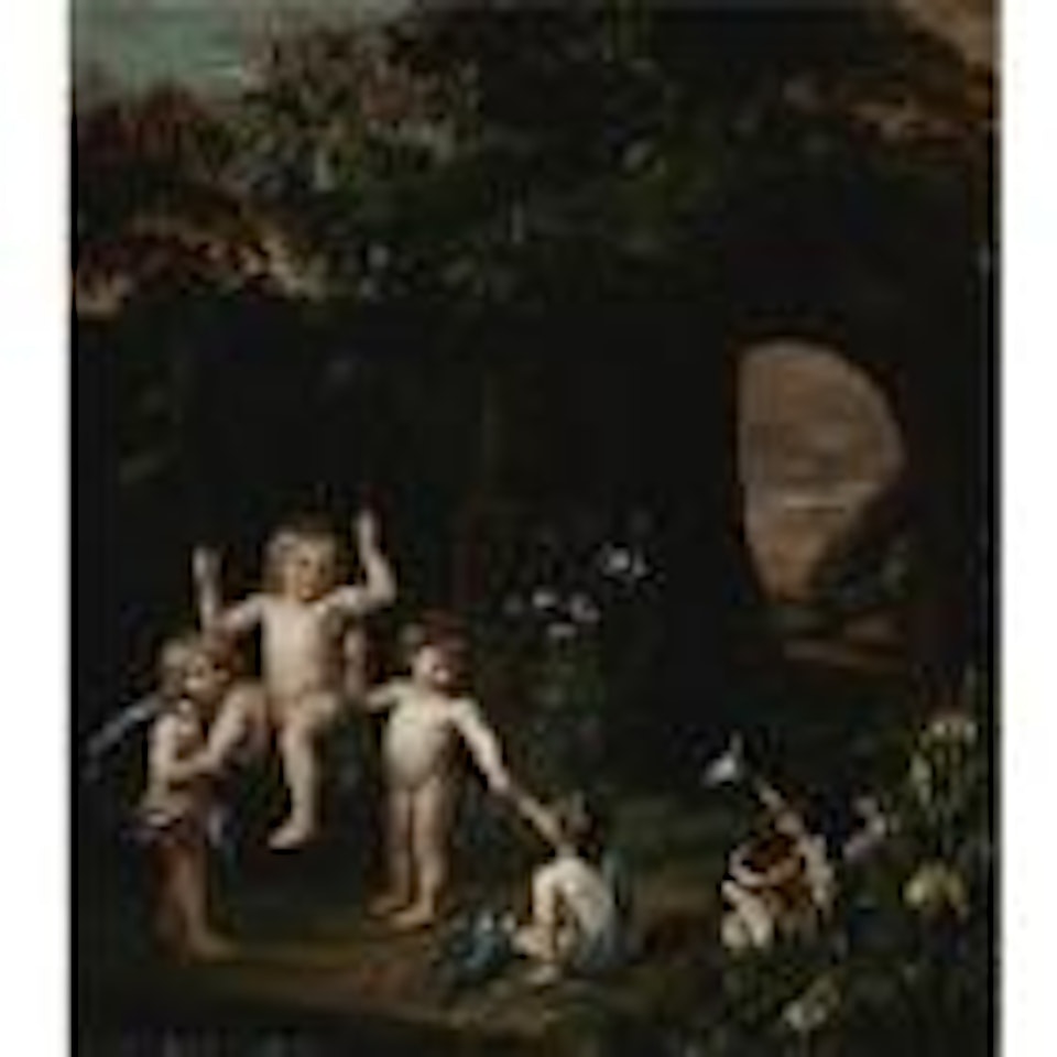 Children playing with a swing in a classical garden setting by Nicolaes Maes