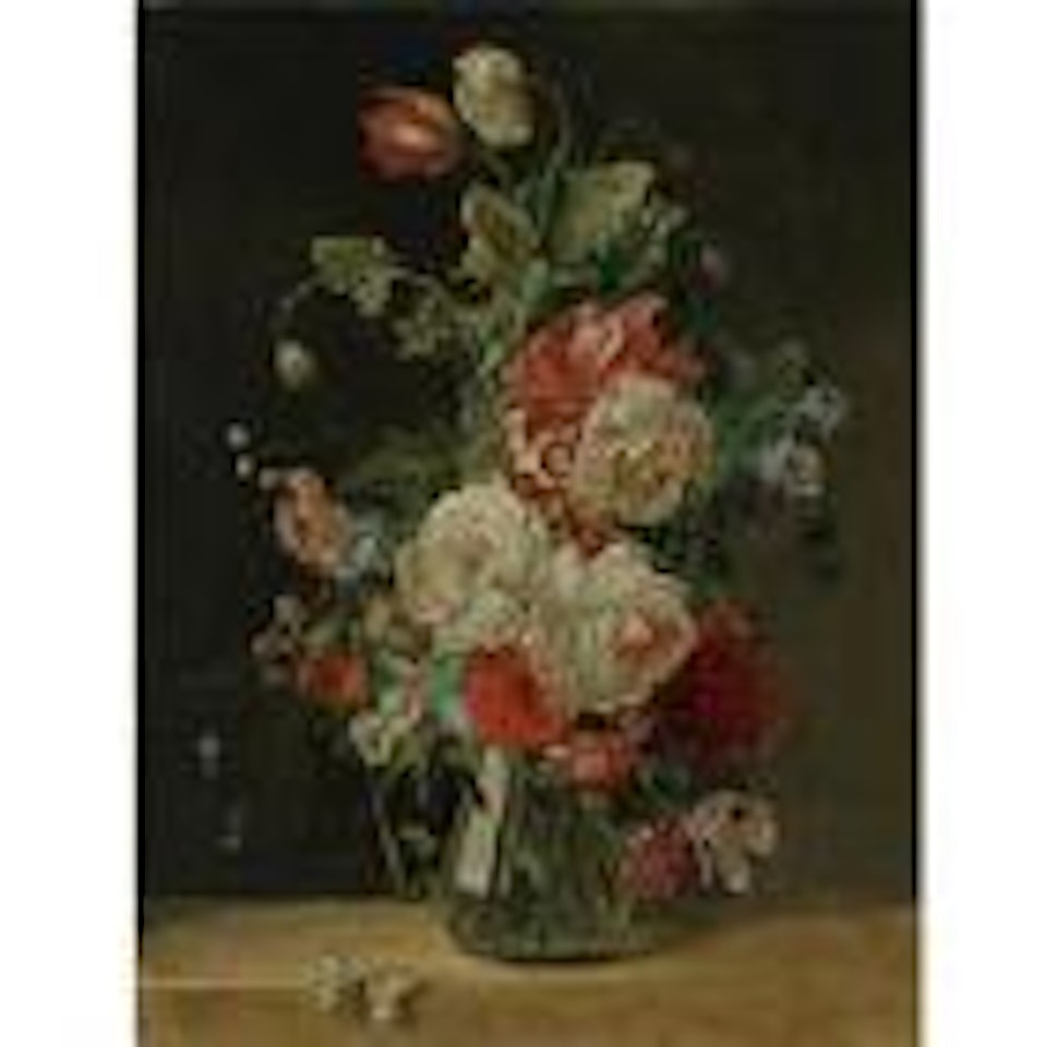 Roses, morning glories, tulips and other flowers in a glass vase with a butterfly resting on a ledge by German School