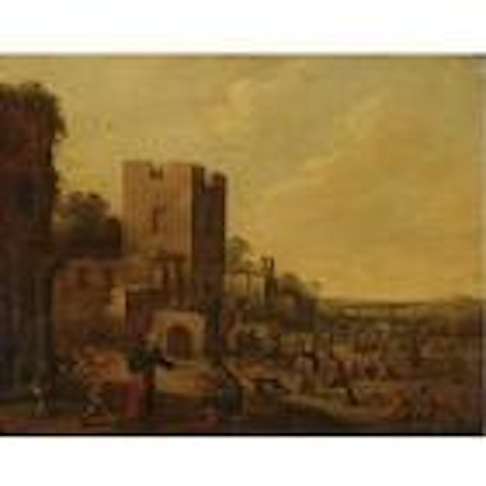 Landscape with peasants gathered before ruins by Joost Cornelisz Droochsloot