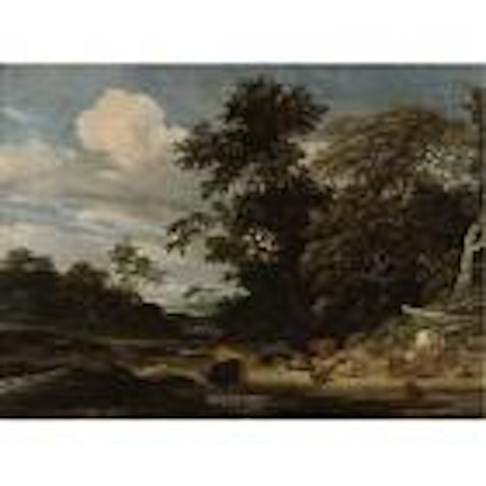 Wooded landscape with herd animals resting by a pond by Jacob Salomonsz. van Ruysdael