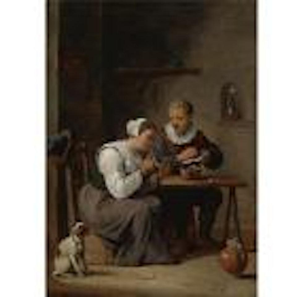 Interior with a man and woman seated at a table, the woman lighting a pipe by David Teniers II