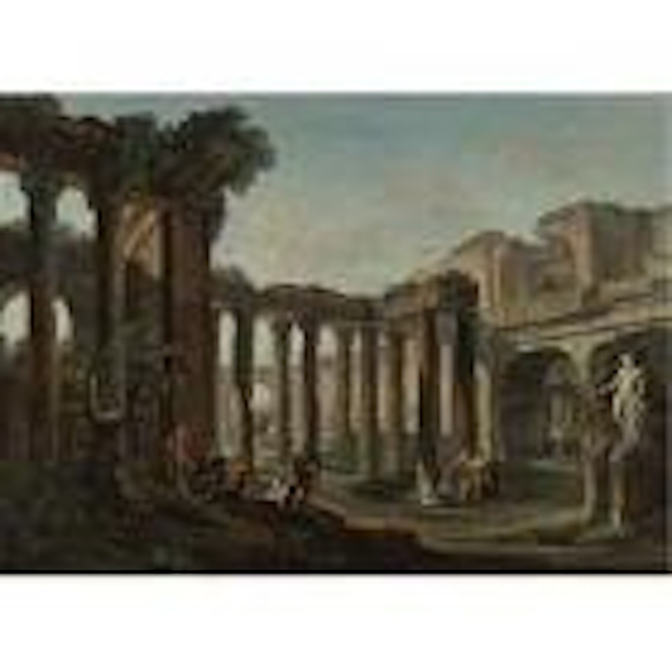 Figures resting among Roman ruins by Hubert Robert