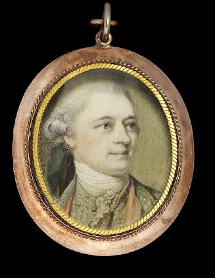 A Gentleman, wearing green coat with pink embroidered detailing and pink lining by Richard Cosway